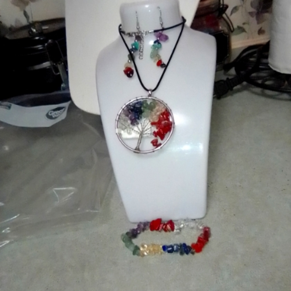 Multicolor Gemstone Tree of Life Necklace Set